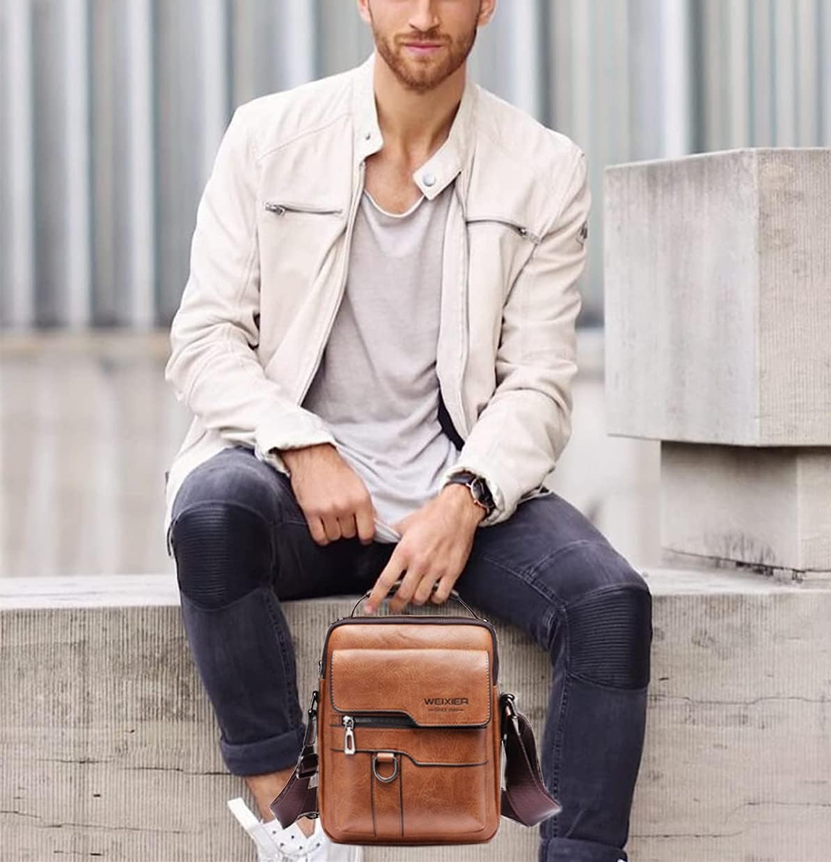 Bolso Bandolera Hombre de Piel Vintage Impermeable para Viaje - Marrón Claro