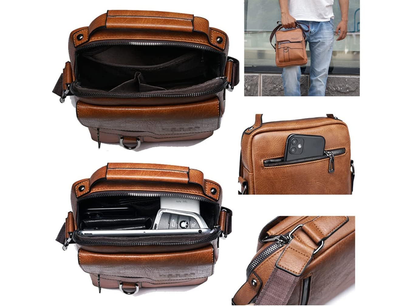 Bolso Bandolera Hombre de Piel Vintage Impermeable para Viaje - Marrón Claro