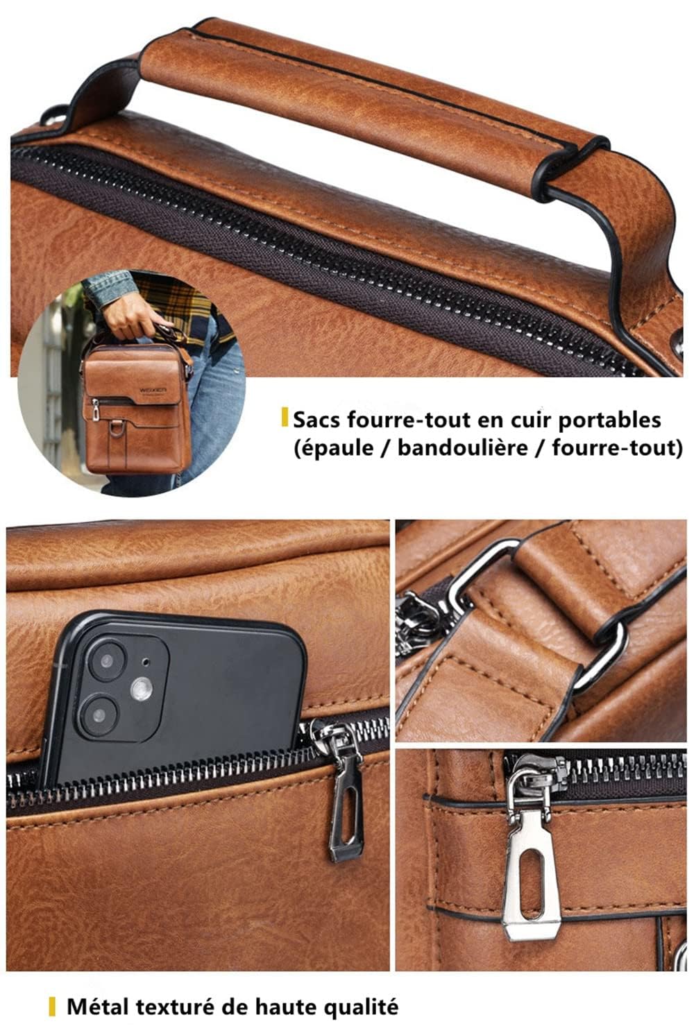 Bolso Bandolera Hombre de Piel Vintage Impermeable para Viaje - Marrón Claro