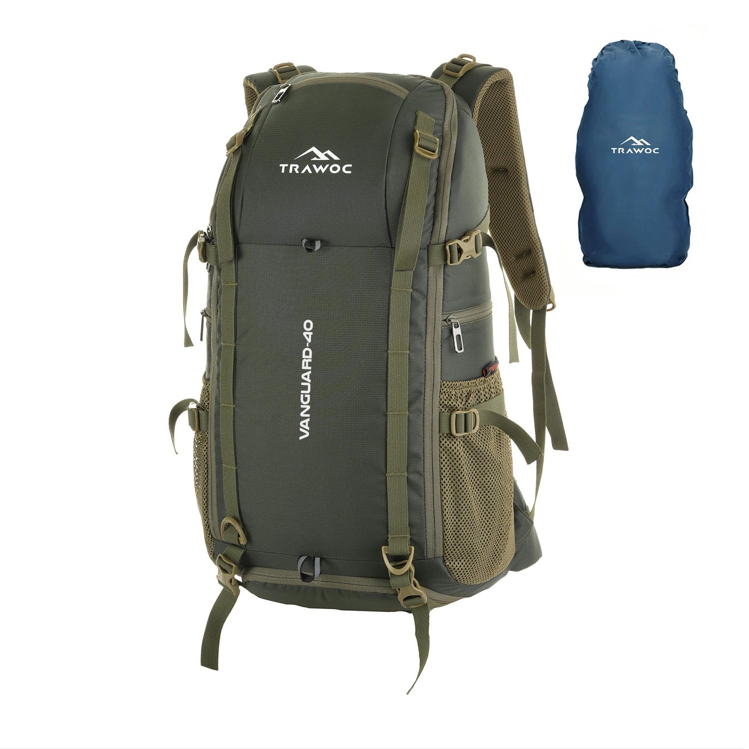 Mochila TRAWOC VANGUARD 40L para Viaje y Laptop con Funda de Lluvia - Verde Oliva