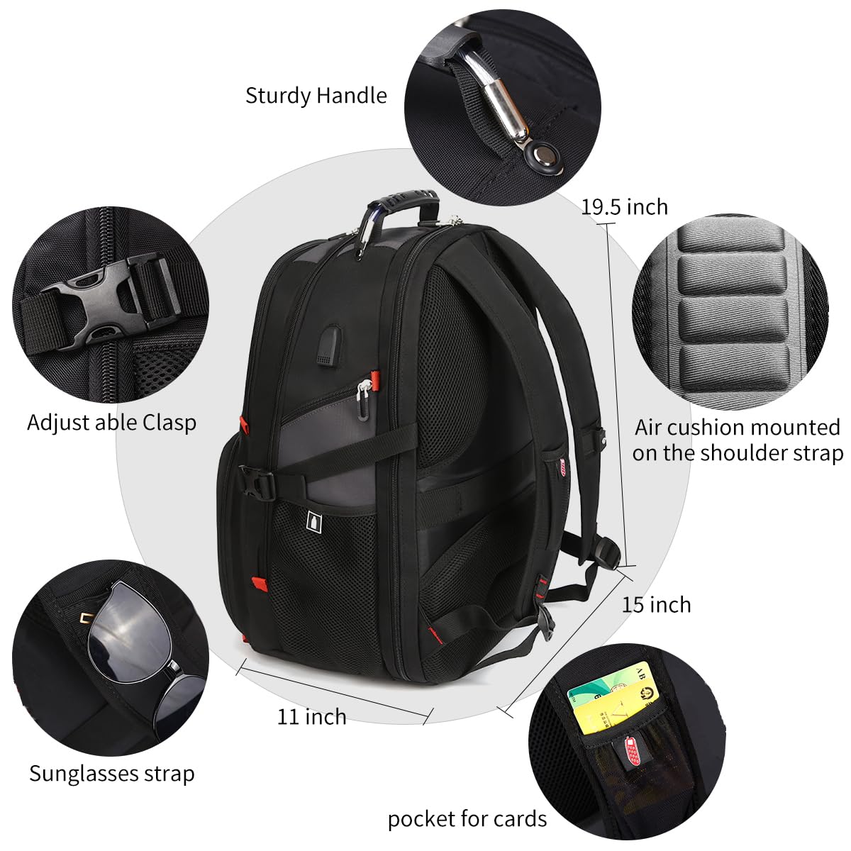 Mochila SHRRADOO 50L para Portátil 17'' con Puerto USB - Negra