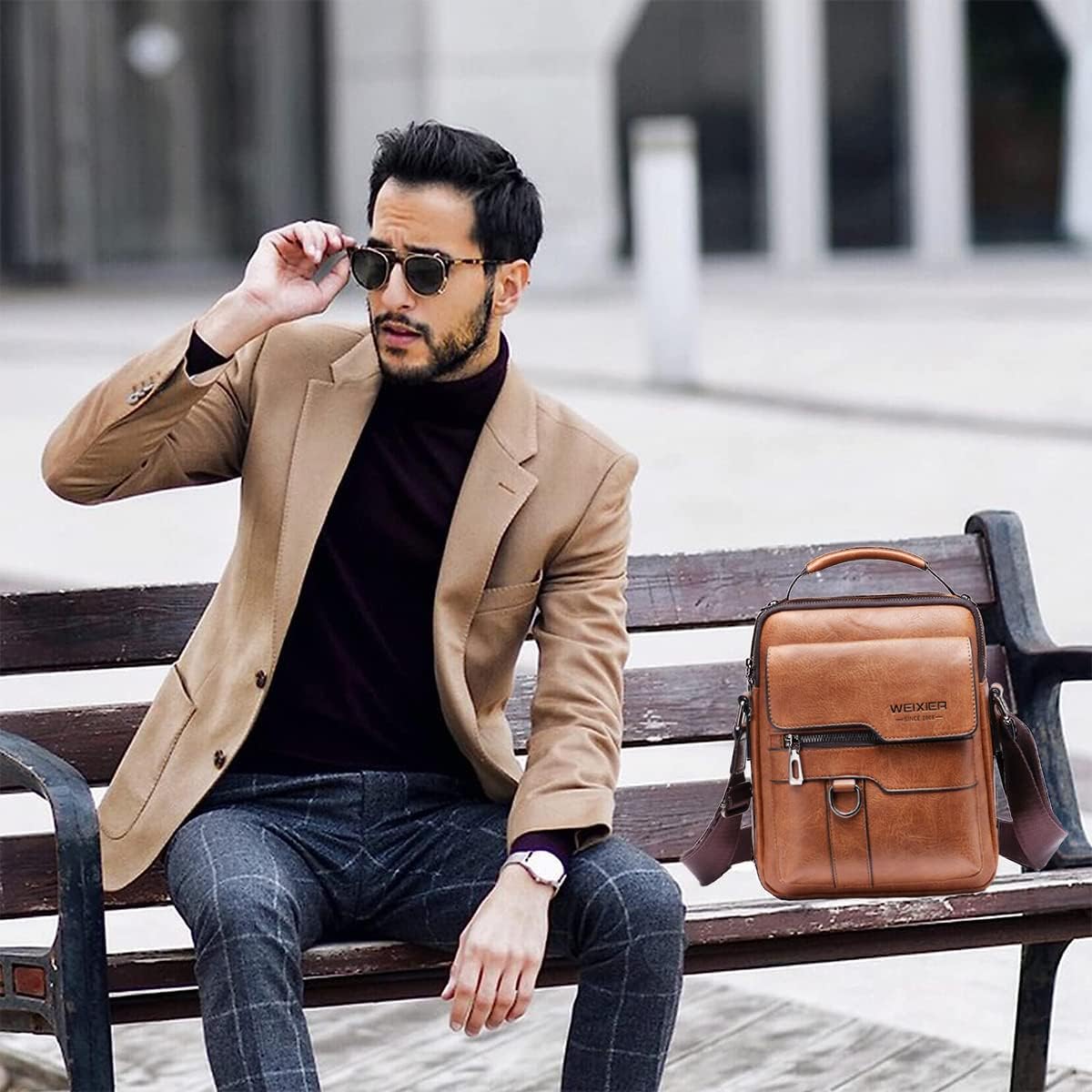 Bolso Bandolera Hombre de Piel Vintage Impermeable para Viaje - Marrón Claro