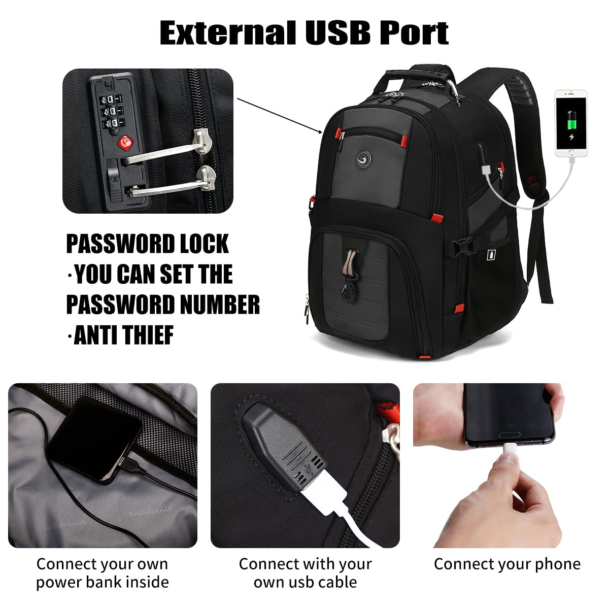 Mochila SHRRADOO 50L para Portátil 17'' con Puerto USB - Negra