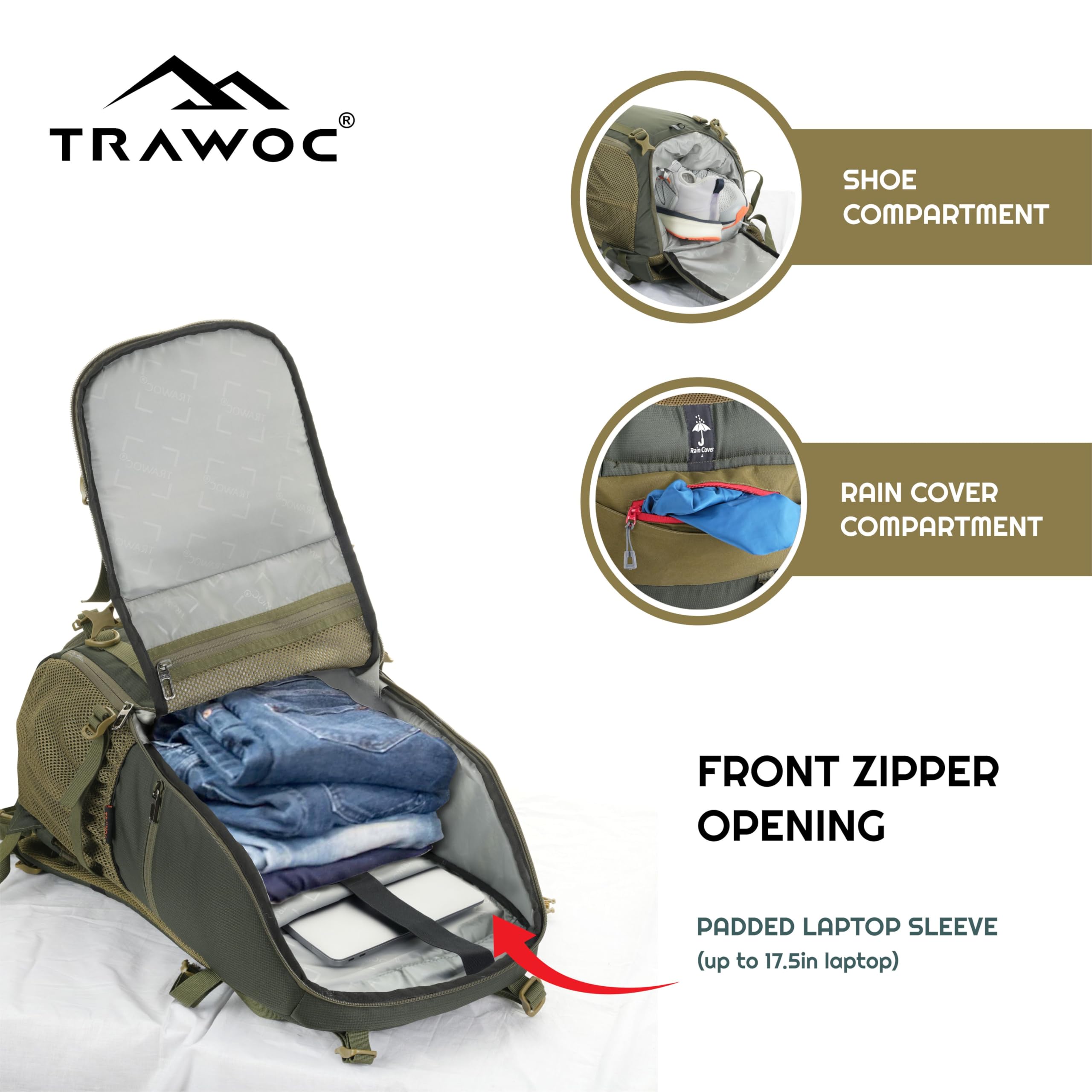 Mochila TRAWOC VANGUARD 40L para Viaje y Laptop con Funda de Lluvia - Verde Oliva