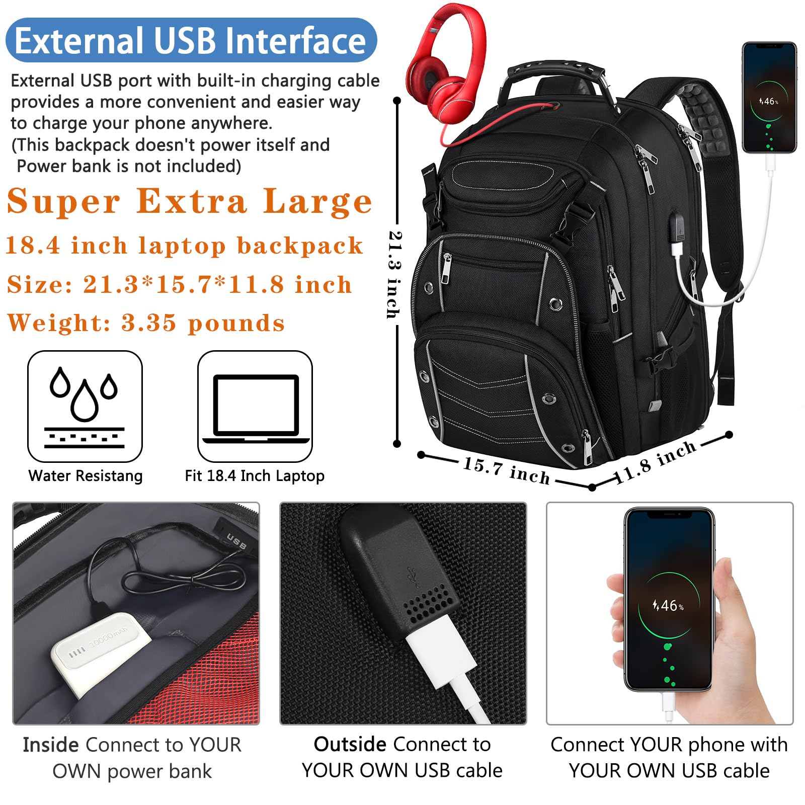 Mochila VECKUSON 60L para Laptop 18.4'' TSA USB RFID Antirrobo - Gris