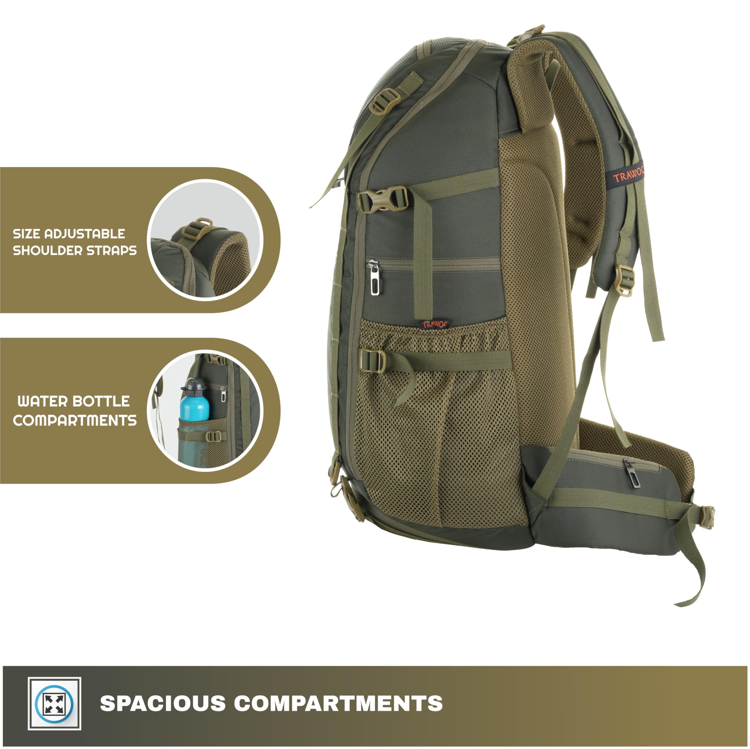 Mochila TRAWOC VANGUARD 40L para Viaje y Laptop con Funda de Lluvia - Verde Oliva