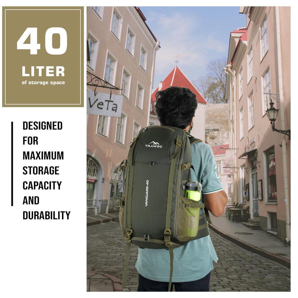 Mochila TRAWOC VANGUARD 40L para Viaje y Laptop con Funda de Lluvia - Verde Oliva