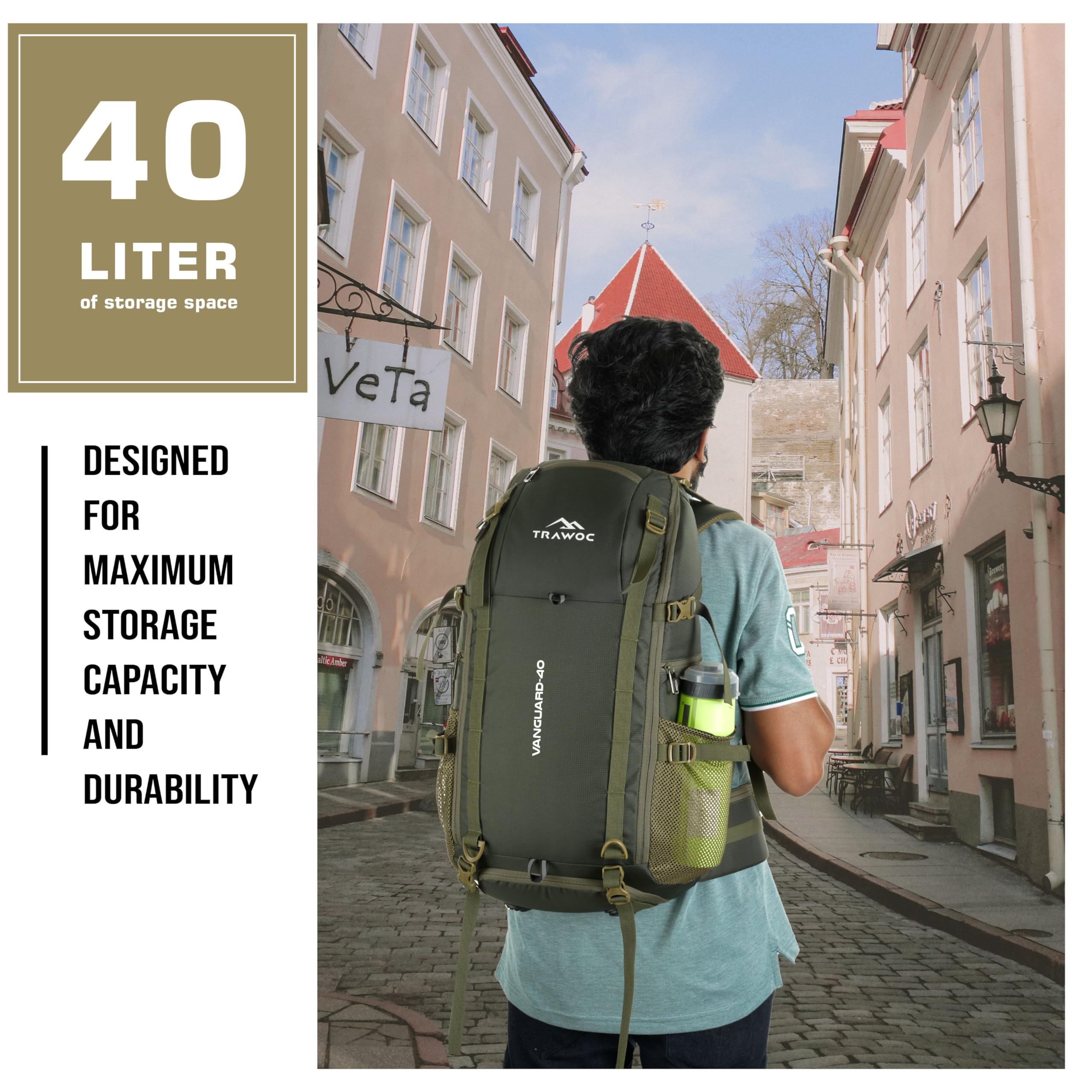 Mochila TRAWOC VANGUARD 40L para Viaje y Laptop con Funda de Lluvia - Verde Oliva