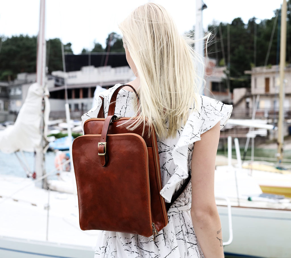 Mochila de Cuero Convertible Time Resistance para Mujer - Naranja