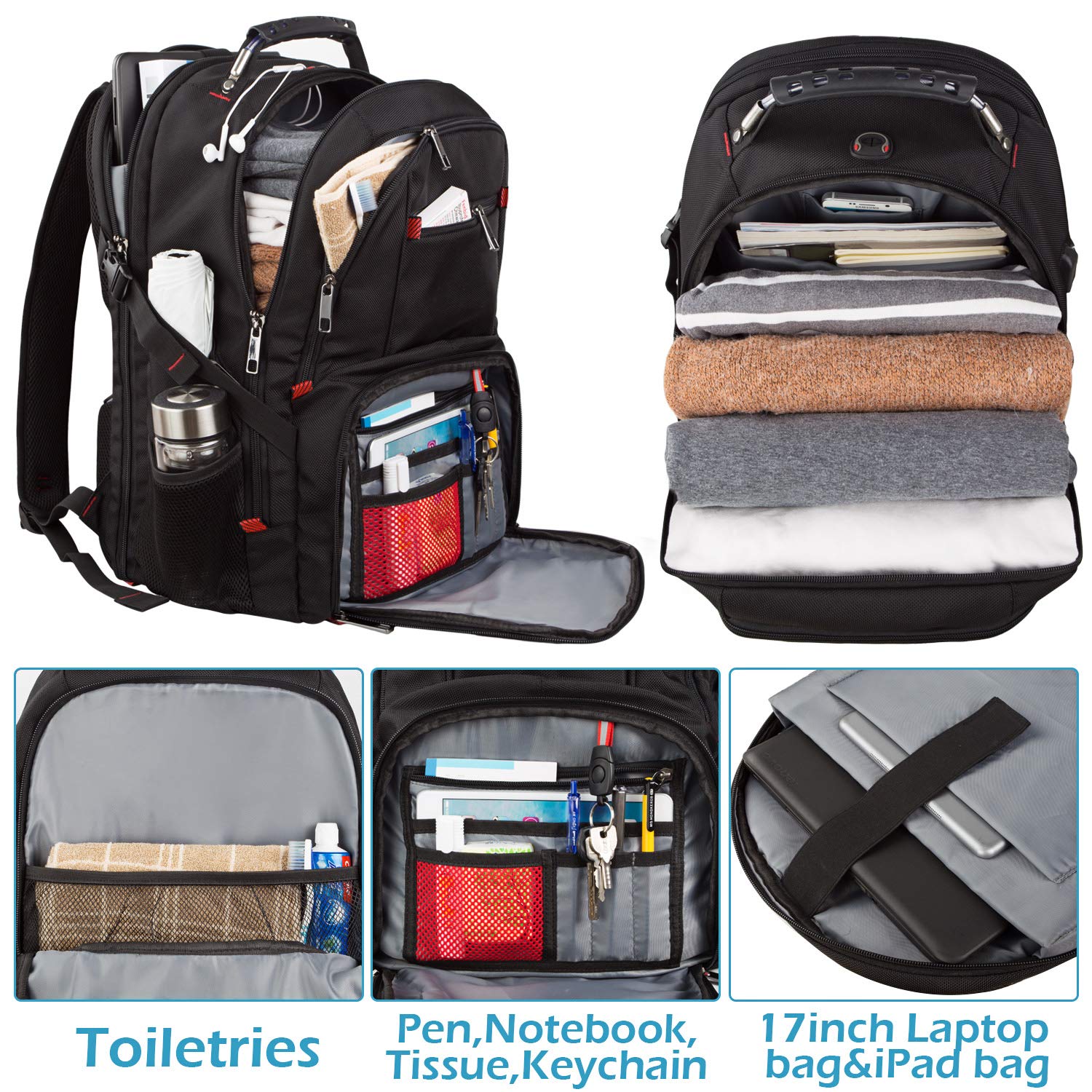 Mochila de Viaje para Laptop 17'' Antirrobo TSA USB Impermeable - Unisex