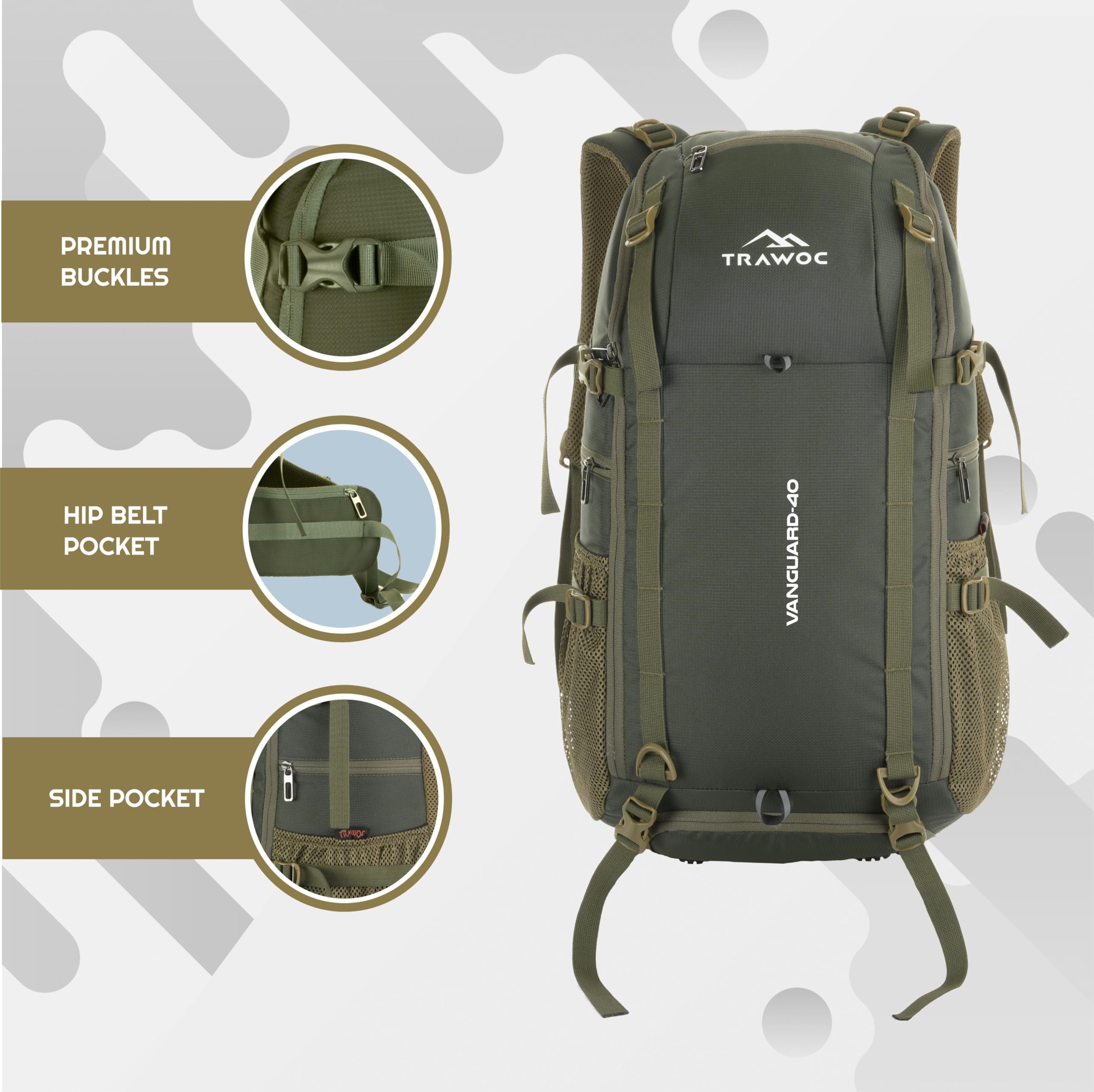 Mochila TRAWOC VANGUARD 40L para Viaje y Laptop con Funda de Lluvia - Verde Oliva