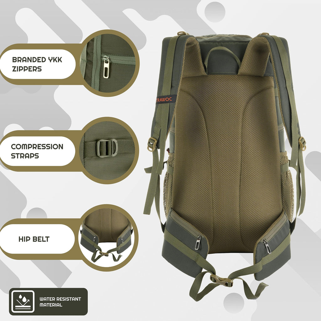 Mochila TRAWOC VANGUARD 40L para Viaje y Laptop con Funda de Lluvia - Verde Oliva