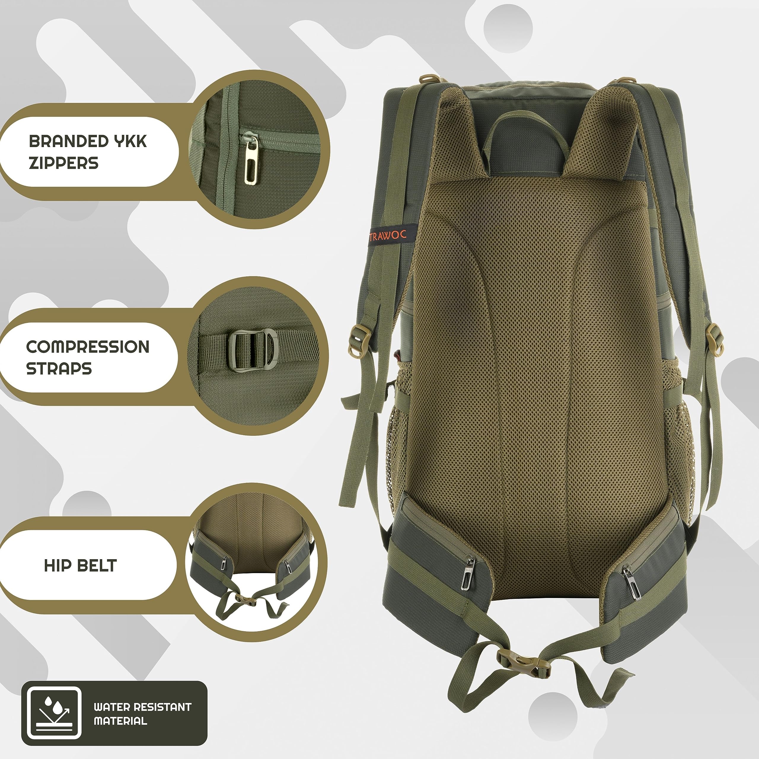 Mochila TRAWOC VANGUARD 40L para Viaje y Laptop con Funda de Lluvia - Verde Oliva